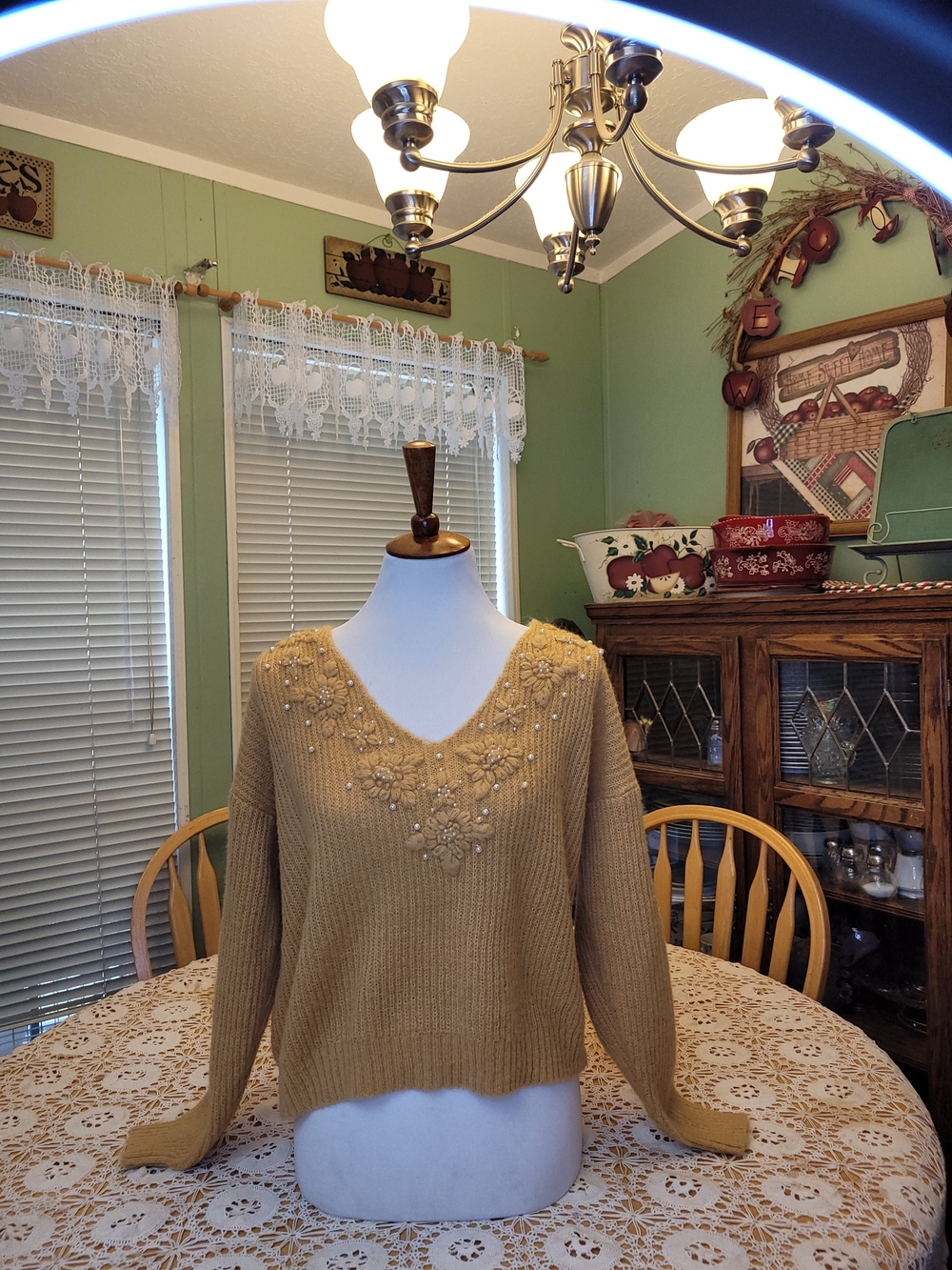 POL Mustard Yellow Beaded V-Neck Sweater